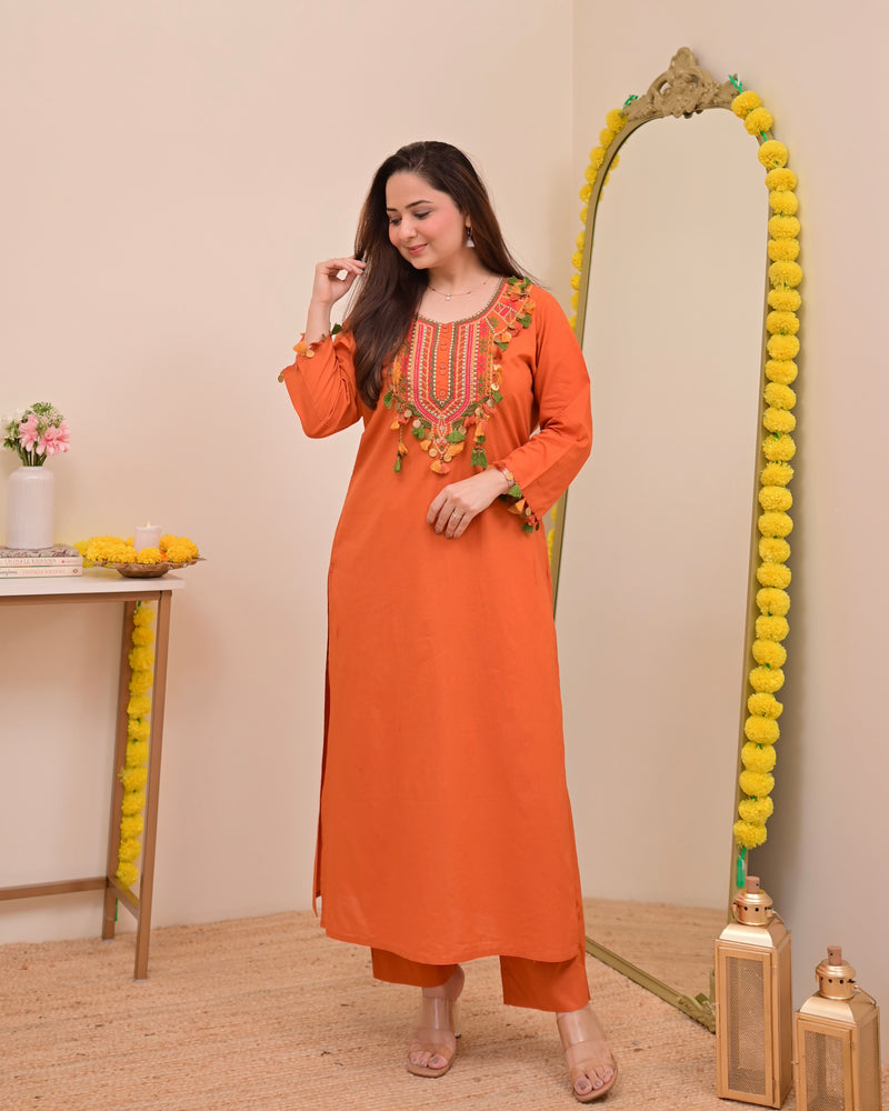 Orange Threadwork Tasseled Cotton Kurta Set