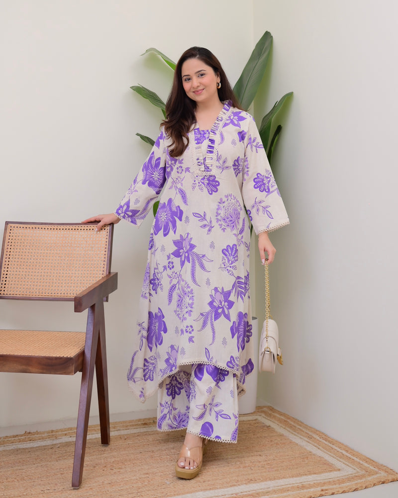Purple Floral A Line Cotton Kurta Set