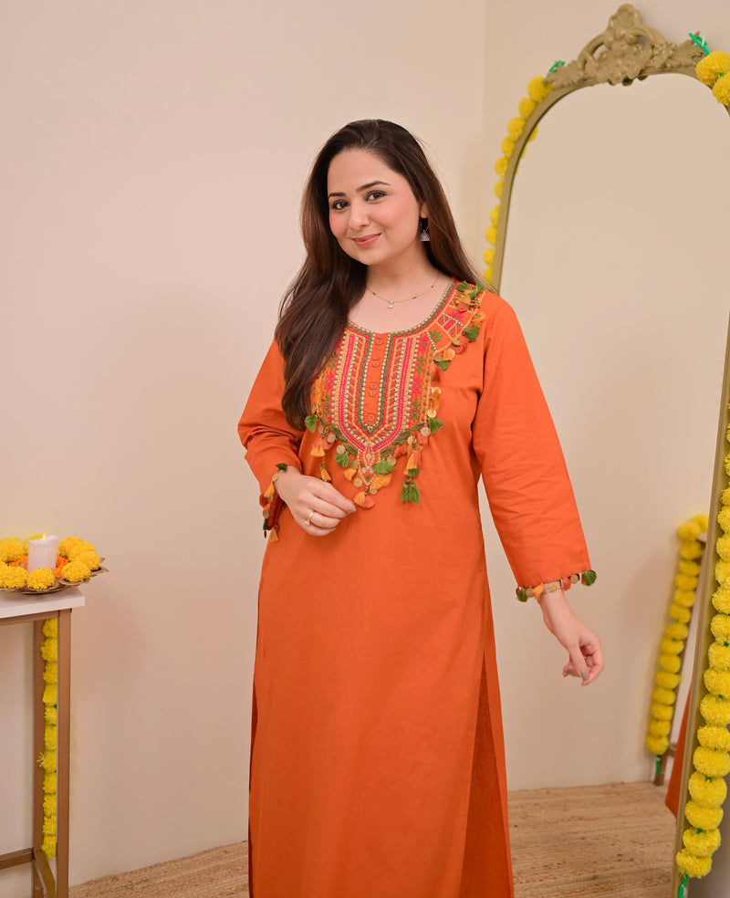 Orange Threadwork Tasseled Cotton Kurta Set