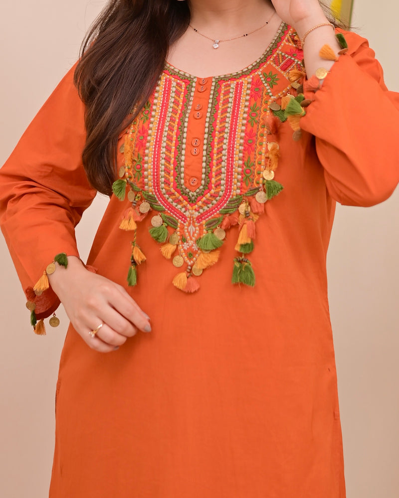 Orange Threadwork Tasseled Cotton Kurta Set