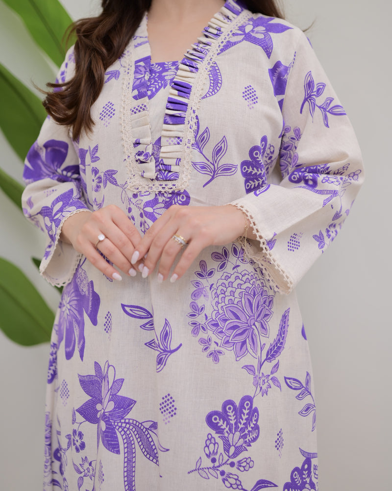 Purple Floral A Line Cotton Kurta Set