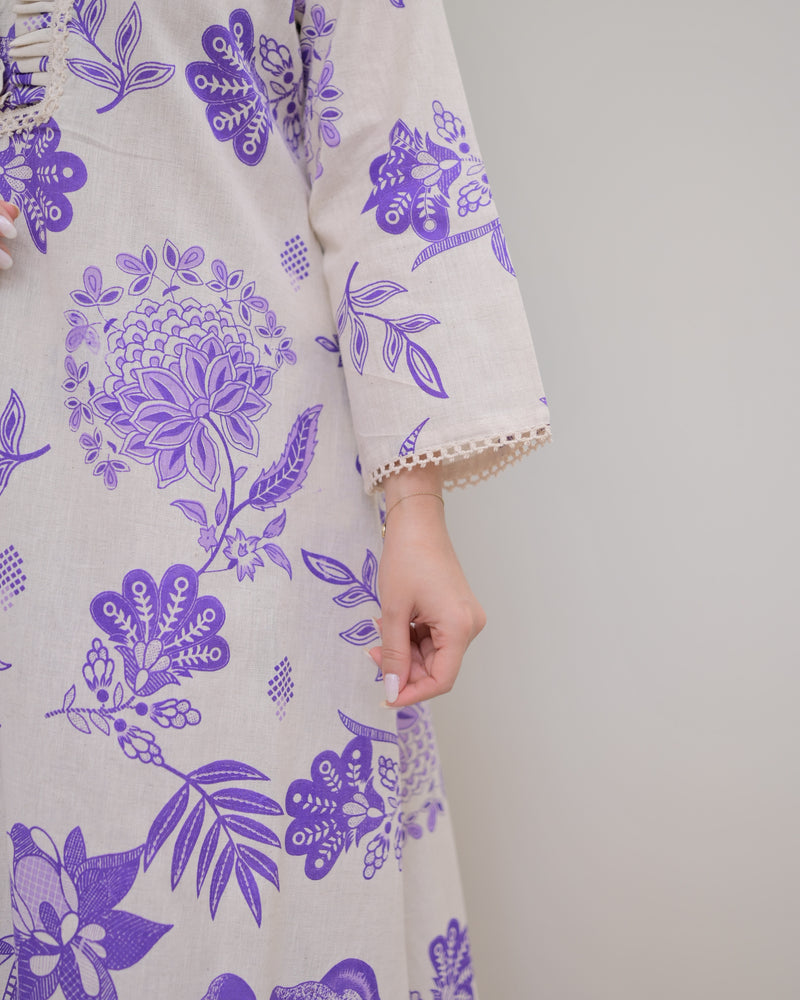 Purple Floral A Line Cotton Kurta Set