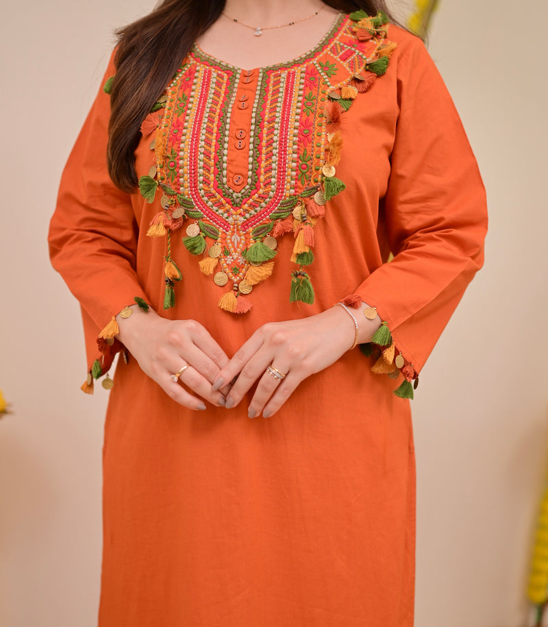 Orange Threadwork Tasseled Cotton Kurta Set