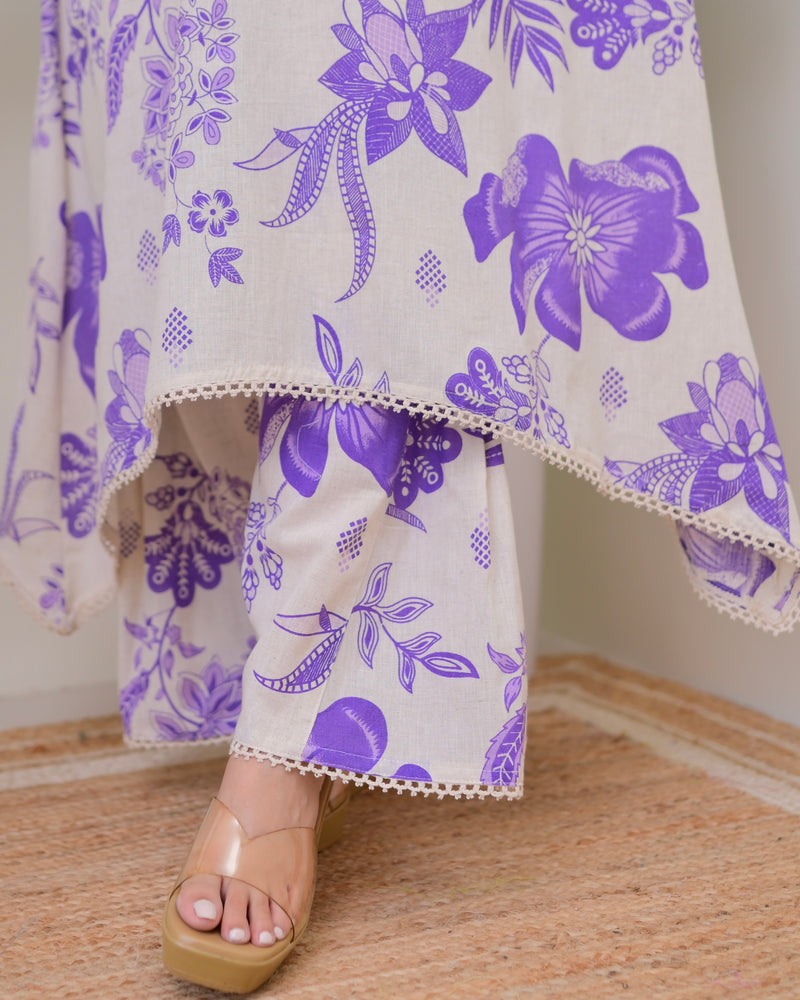 Purple Floral A Line Cotton Kurta Set