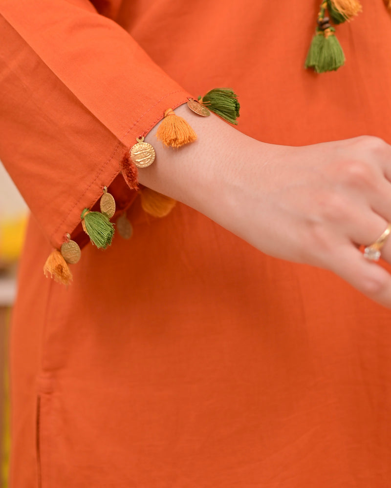Orange Threadwork Tasseled Cotton Kurta Set