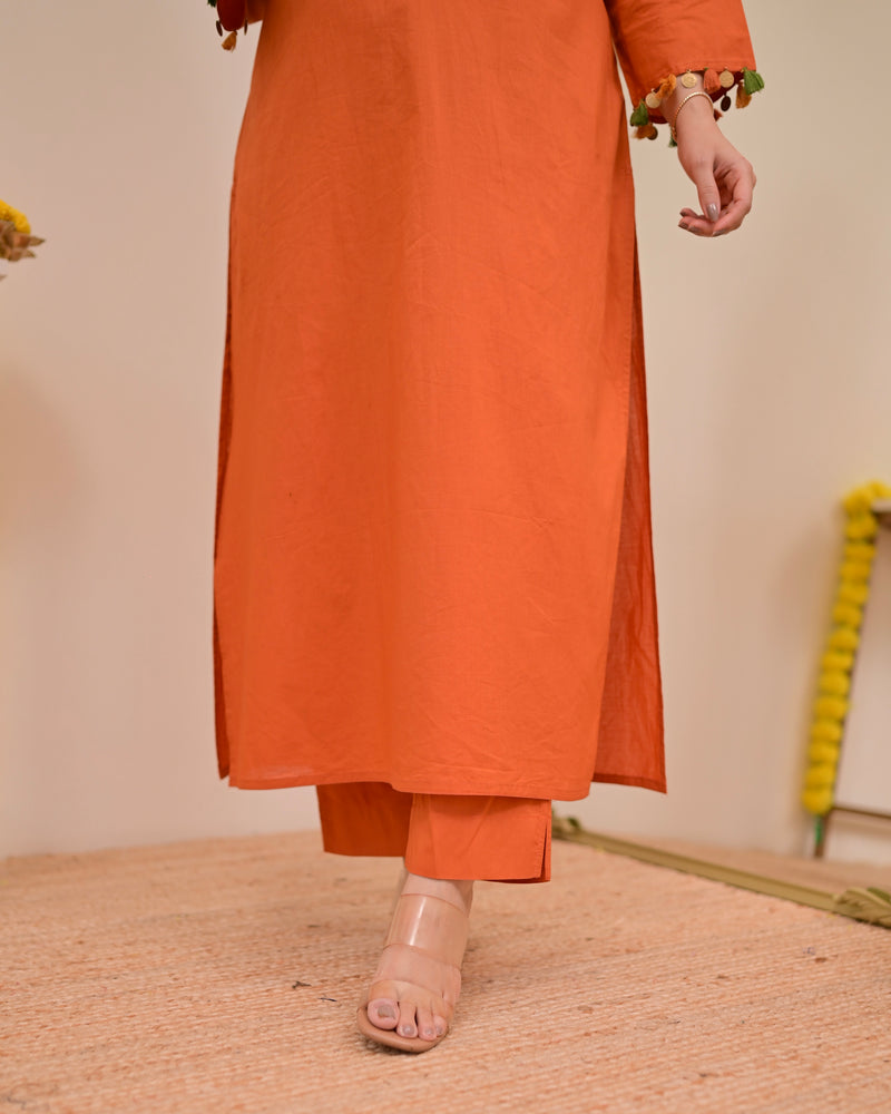 Orange Threadwork Tasseled Cotton Kurta Set