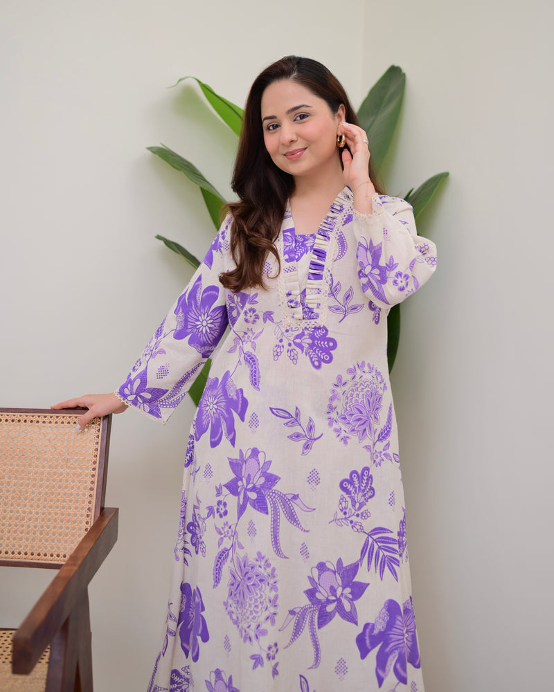 Purple Floral A Line Cotton Kurta Set