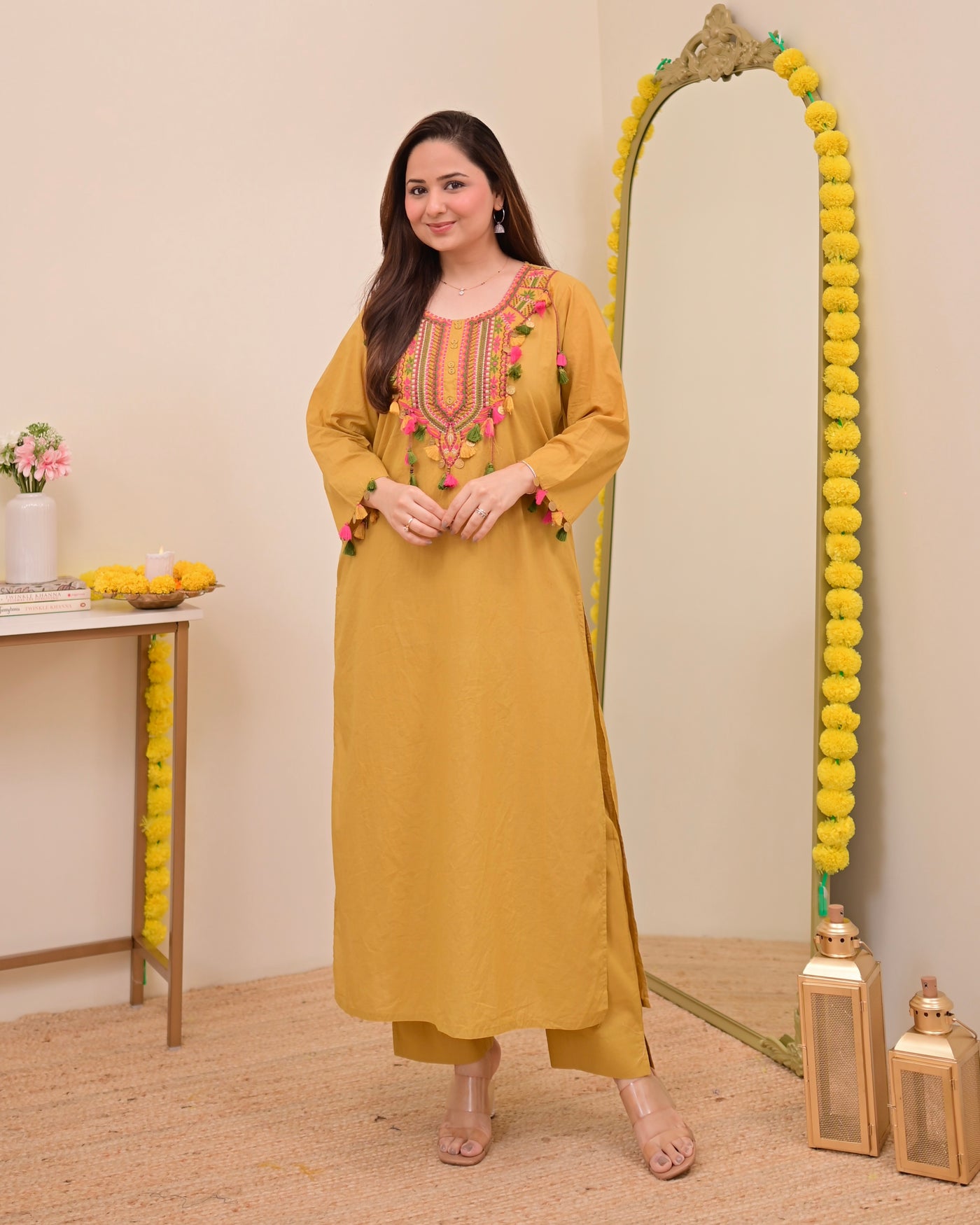 Yellow Threadwork Tasseled Cotton Kurta Set