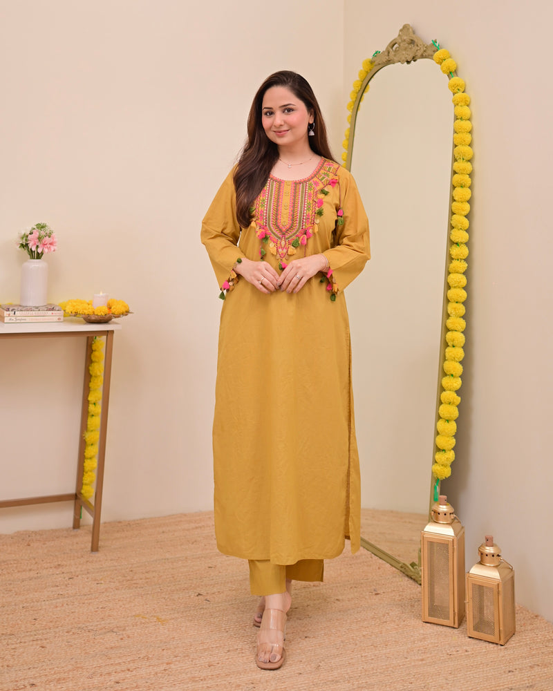 Yellow Threadwork Tasseled Cotton Kurta Set