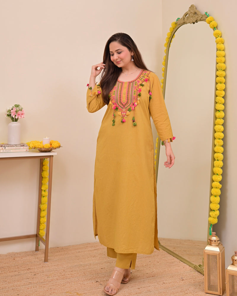 Yellow Threadwork Tasseled Cotton Kurta Set