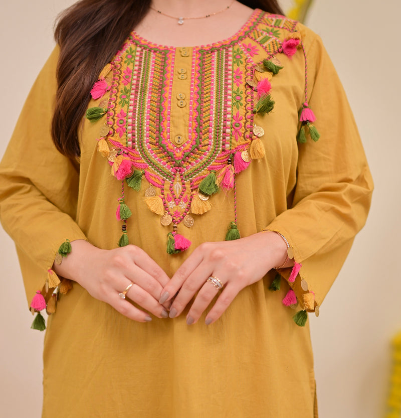 Yellow Threadwork Tasseled Cotton Kurta Set
