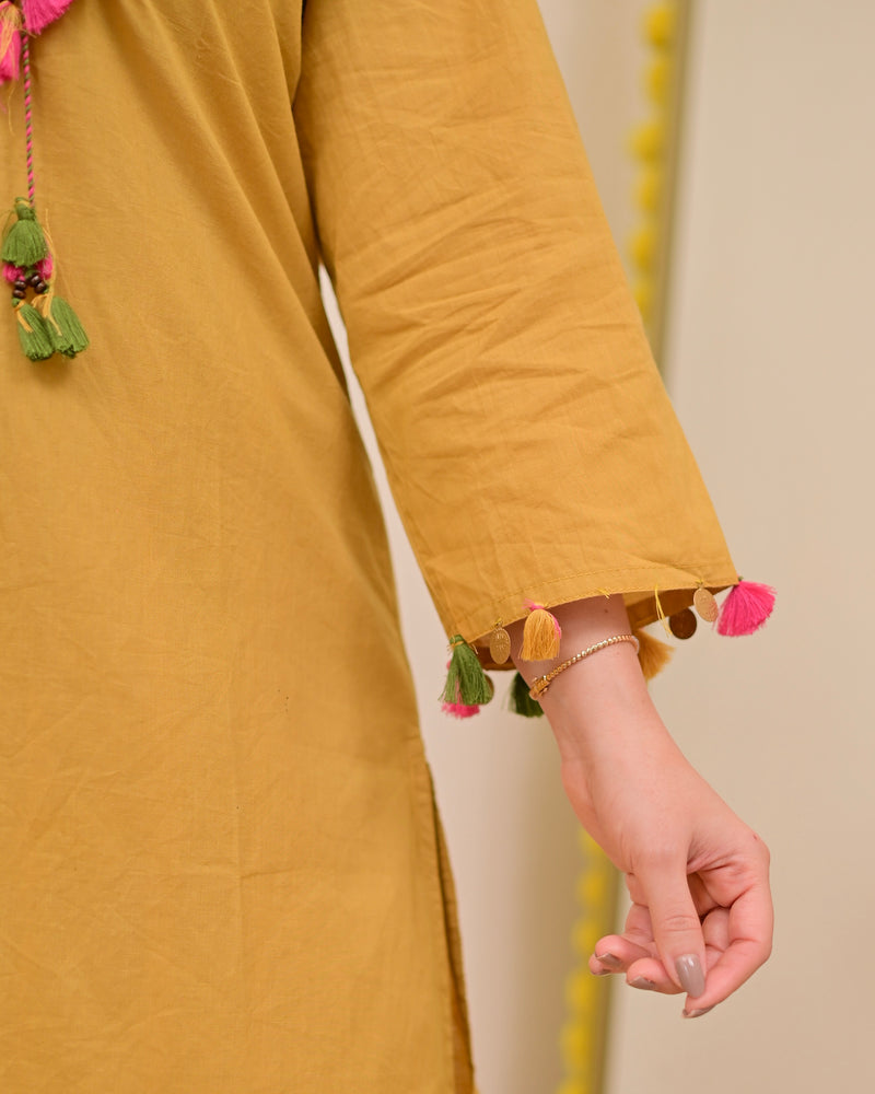 Yellow Threadwork Tasseled Cotton Kurta Set
