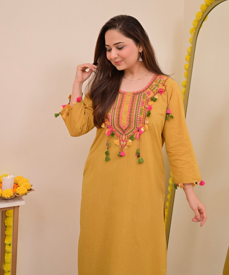 Yellow Threadwork Tasseled Cotton Kurta Set