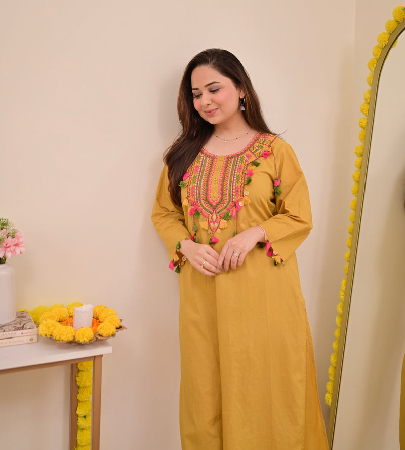 Yellow Threadwork Tasseled Cotton Kurta Set