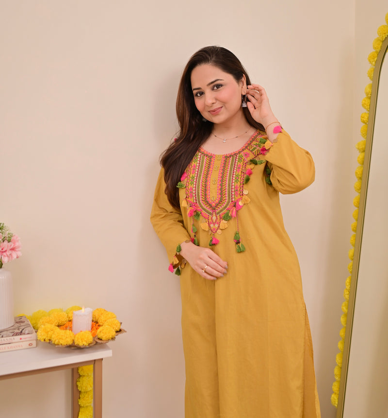 Yellow Threadwork Tasseled Cotton Kurta Set