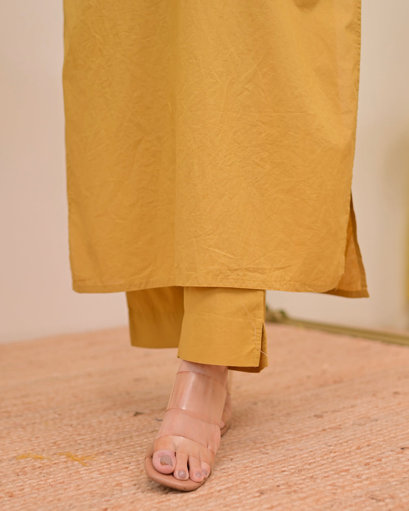 Yellow Threadwork Tasseled Cotton Kurta Set