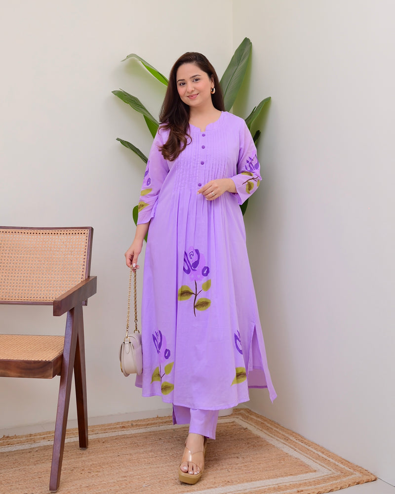 Lavender Bloom Pintex A Line Mul Cotton Kurta Set