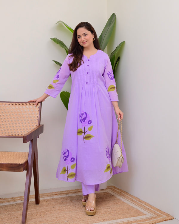 Lavender Bloom Pintex A Line Mul Cotton Kurta Set