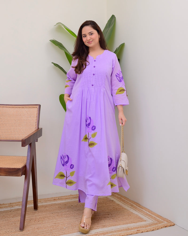 Lavender Bloom Pintex A Line Mul Cotton Kurta Set