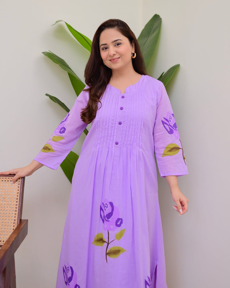 Lavender Bloom Pintex A Line Mul Cotton Kurta Set