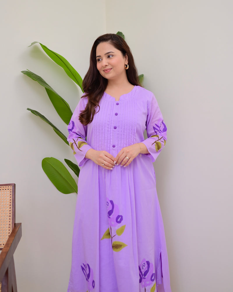 Lavender Bloom Pintex A Line Mul Cotton Kurta Set