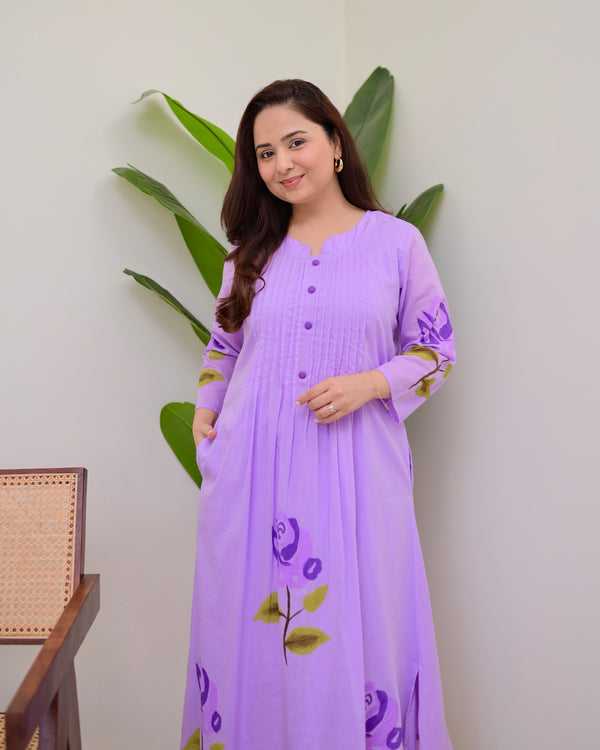 Lavender Bloom Pintex A Line Mul Cotton Kurta Set