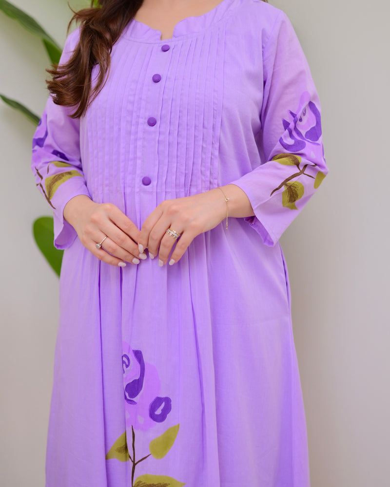 Lavender Bloom Pintex A Line Mul Cotton Kurta Set