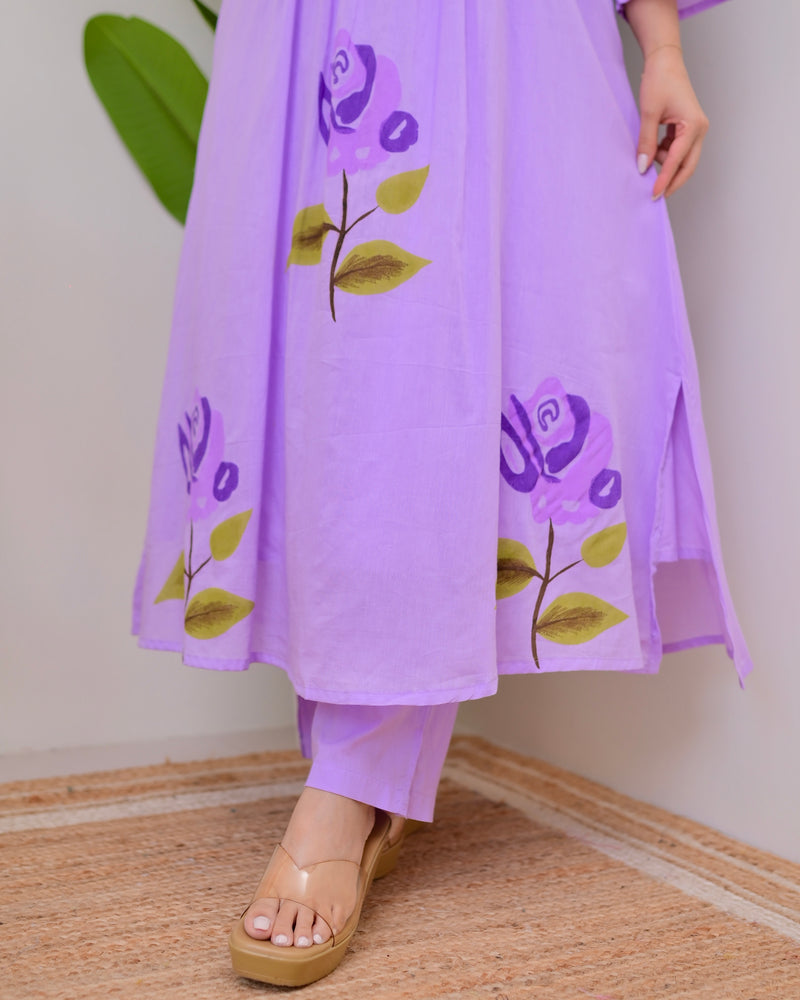 Lavender Bloom Pintex A Line Mul Cotton Kurta Set