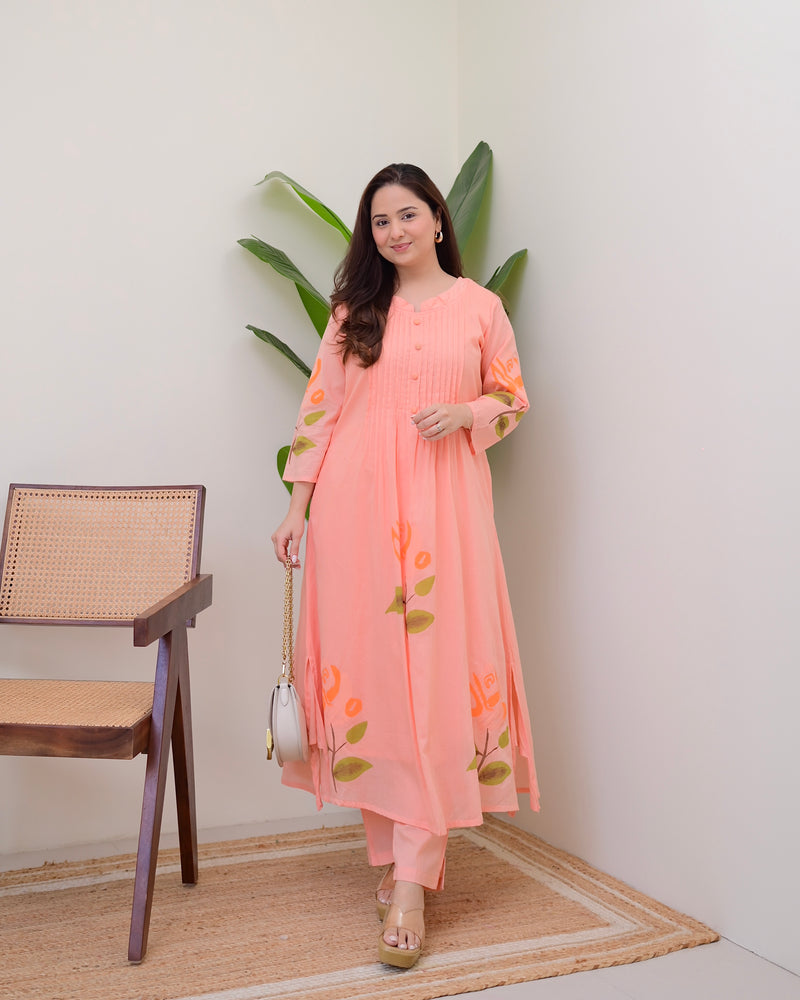 Peach Blossom Pintex A Line Mul Cotton Kurta Set