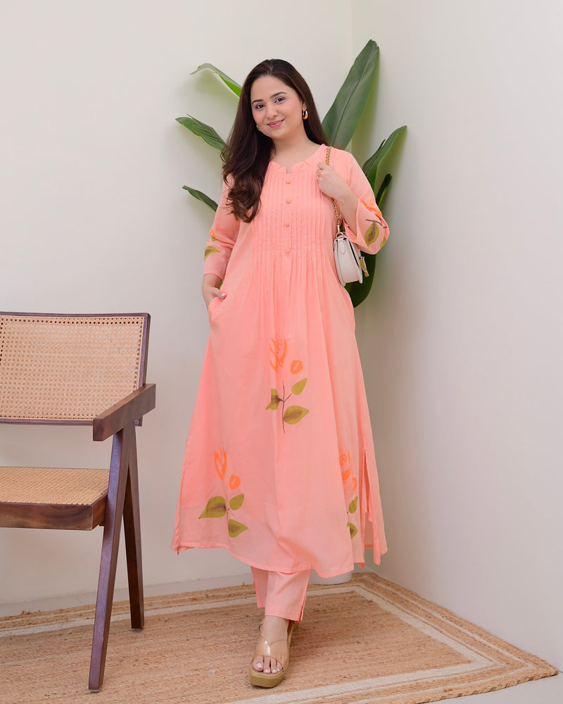 Peach Blossom Pintex A Line Mul Cotton Kurta Set