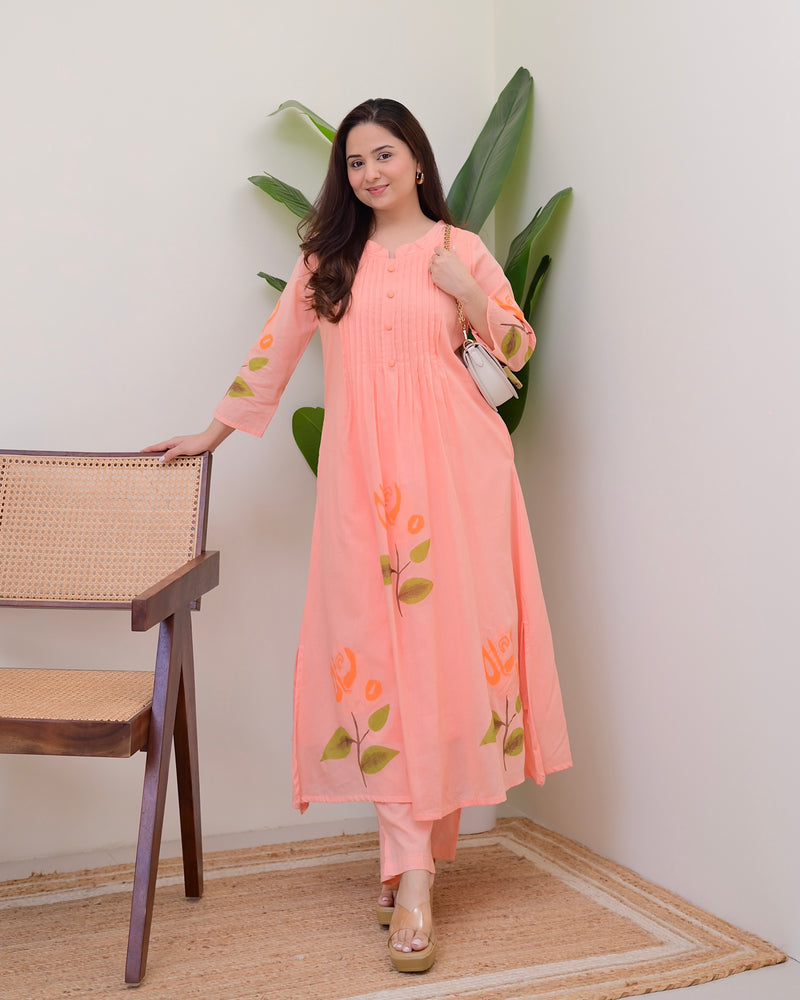 Peach Blossom Pintex A Line Mul Cotton Kurta Set