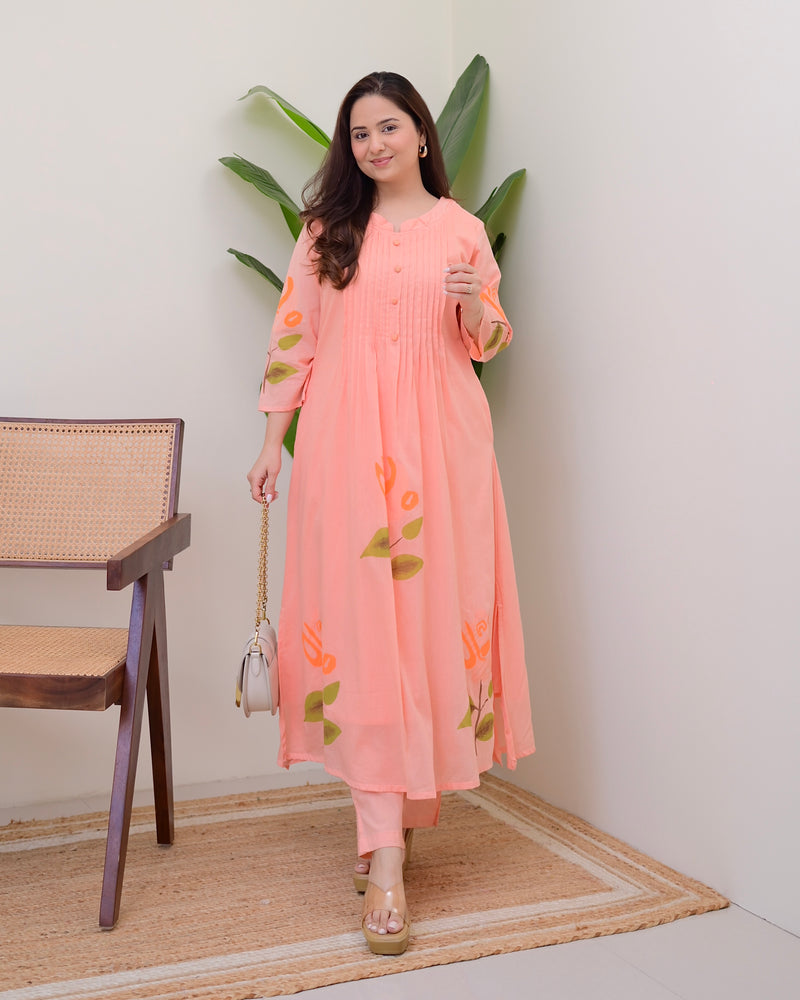 Peach Blossom Pintex A Line Mul Cotton Kurta Set