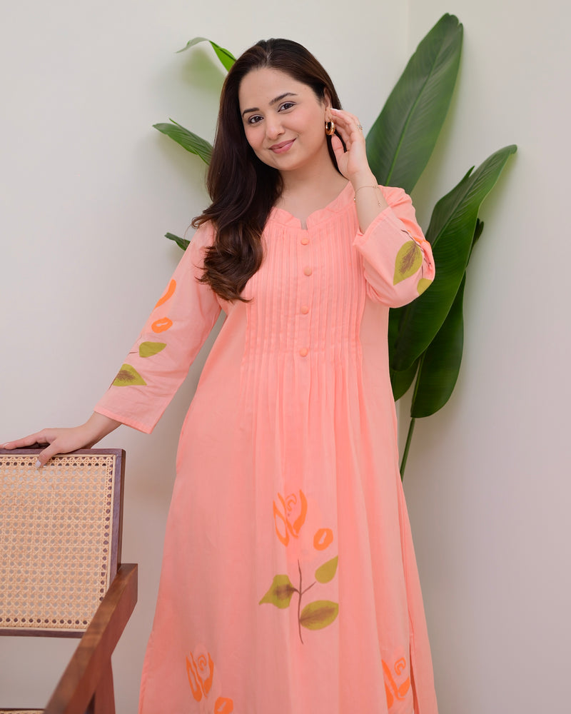 Peach Blossom Pintex A Line Mul Cotton Kurta Set