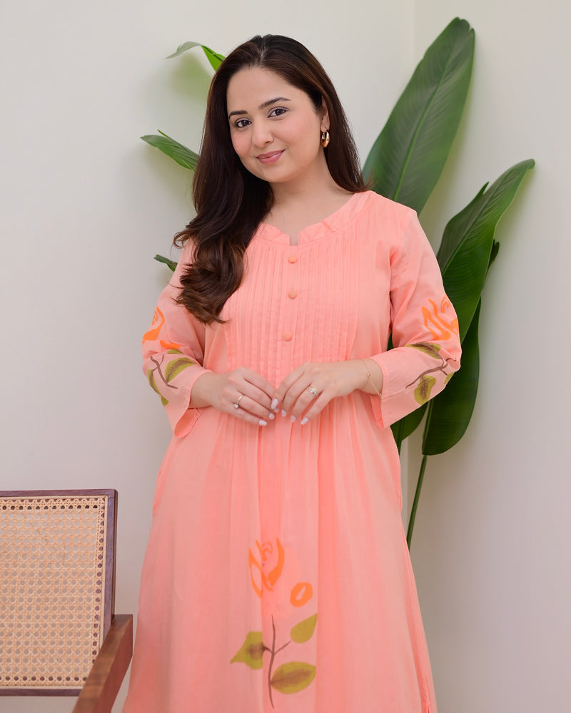 Peach Blossom Pintex A Line Mul Cotton Kurta Set