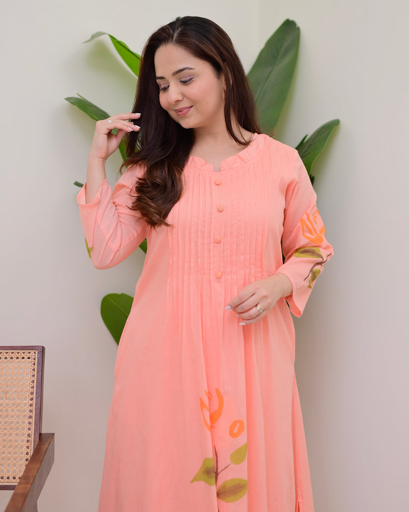 Peach Blossom Pintex A Line Mul Cotton Kurta Set