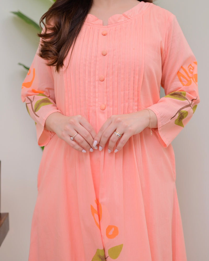 Peach Blossom Pintex A Line Mul Cotton Kurta Set