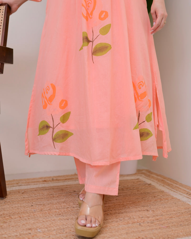 Peach Blossom Pintex A Line Mul Cotton Kurta Set