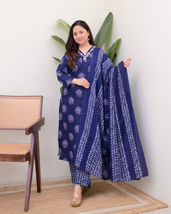 Navy Blue Floral Cotton Suit
