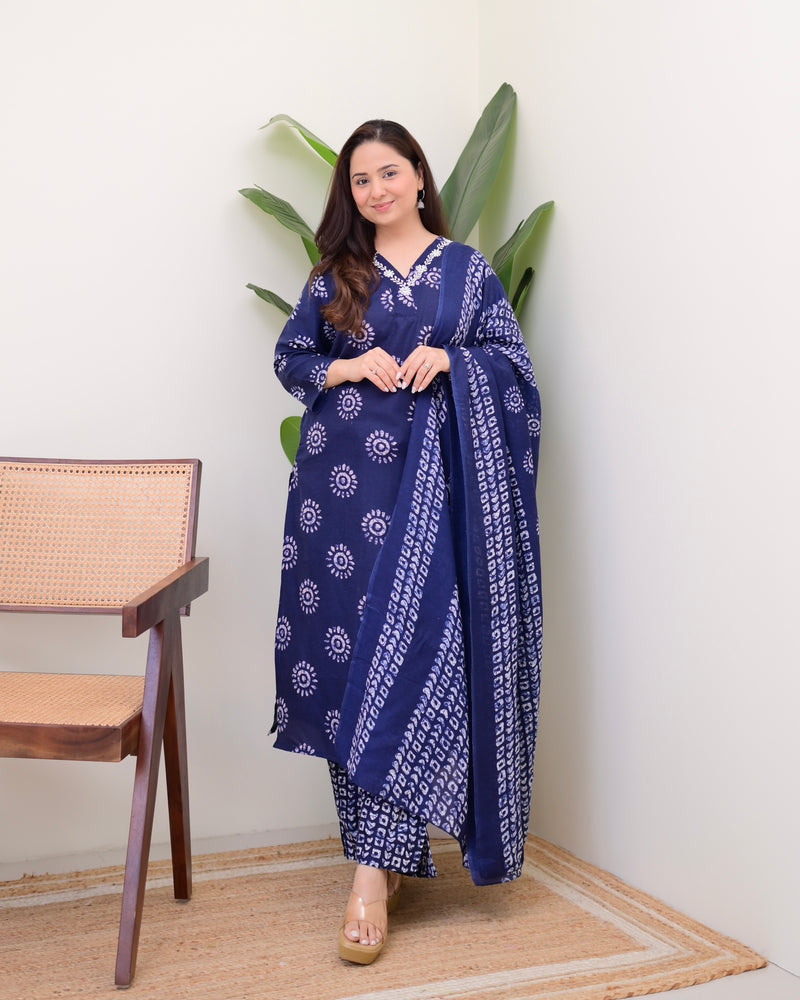 Navy Blue Floral Cotton Suit