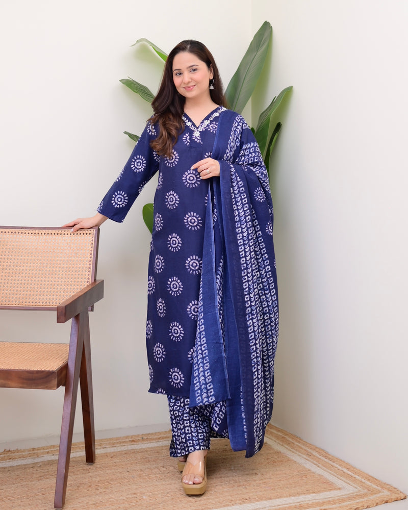 Navy Blue Floral Cotton Suit