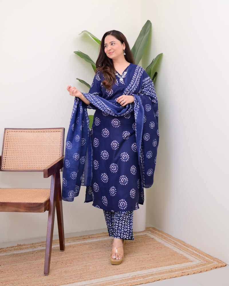 Navy Blue Floral Cotton Suit
