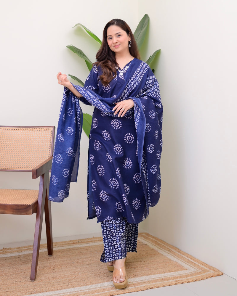 Navy Blue Floral Cotton Suit