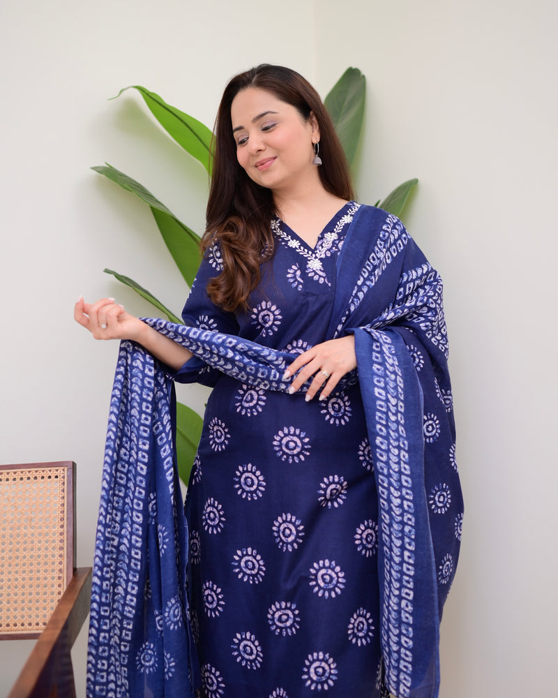 Navy Blue Floral Cotton Suit
