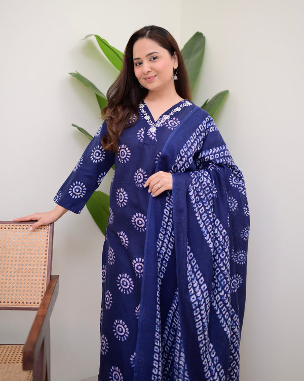 Navy Blue Floral Cotton Suit