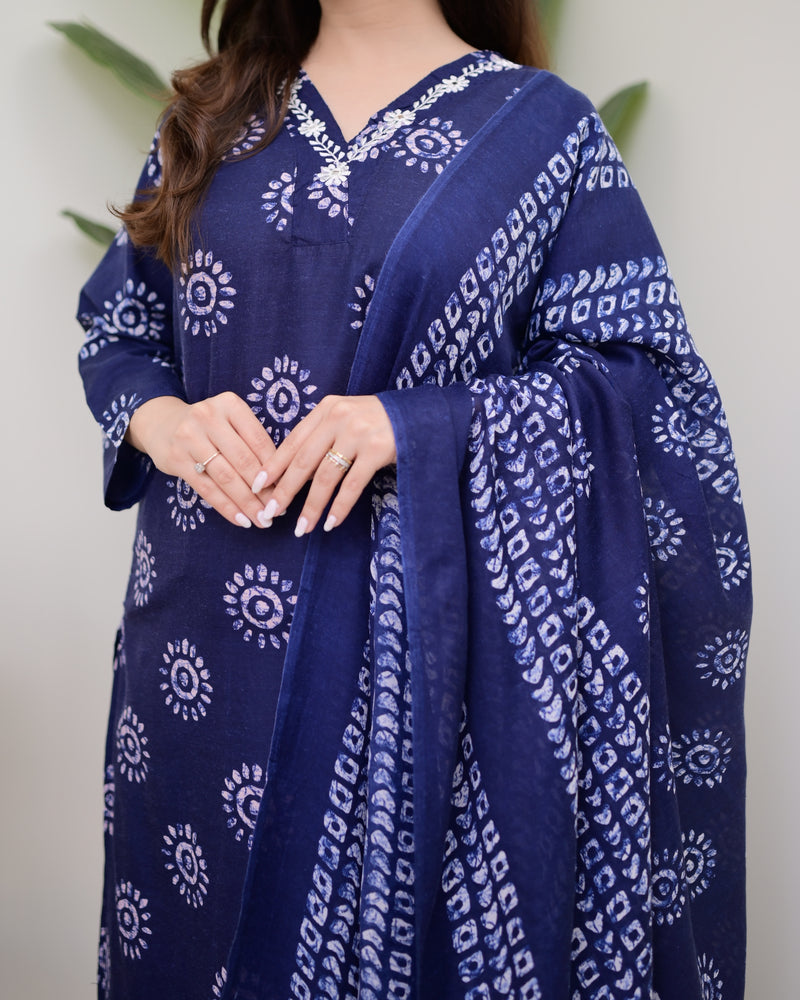 Navy Blue Floral Cotton Suit