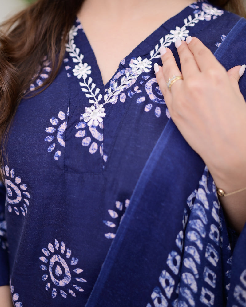 Navy Blue Floral Cotton Suit