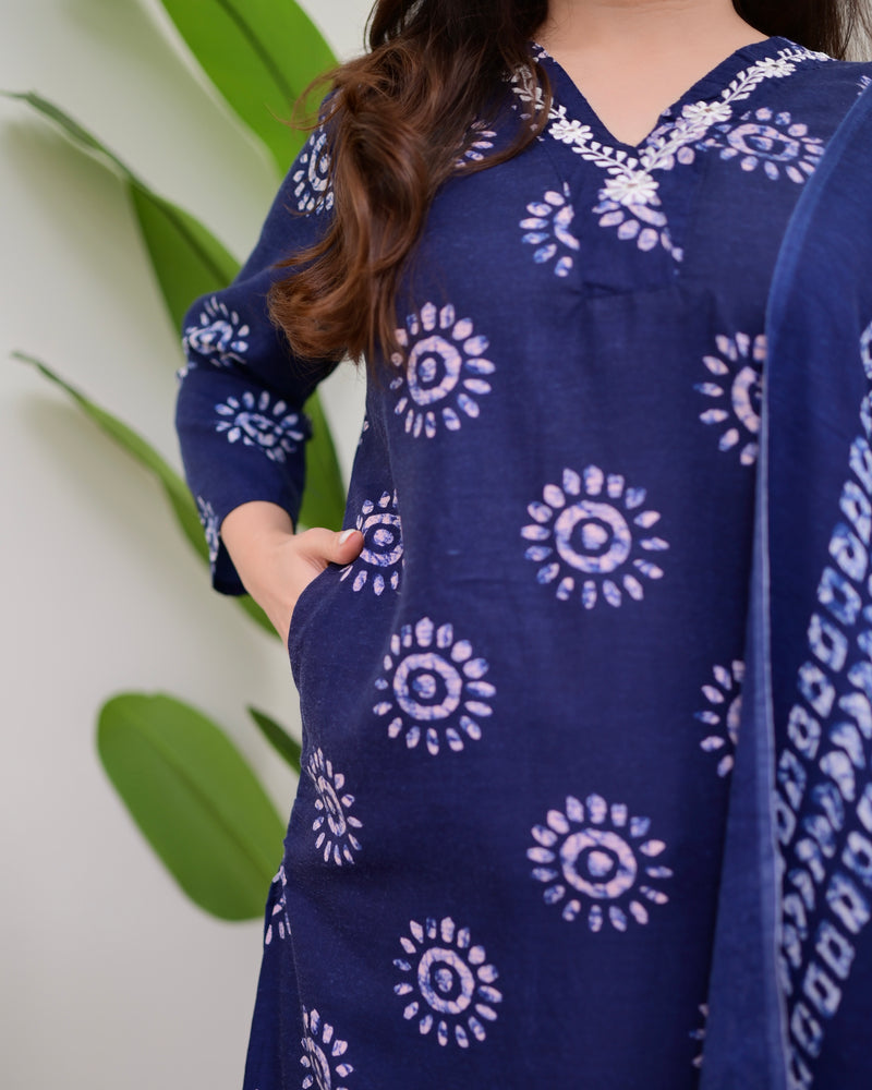 Navy Blue Floral Cotton Suit