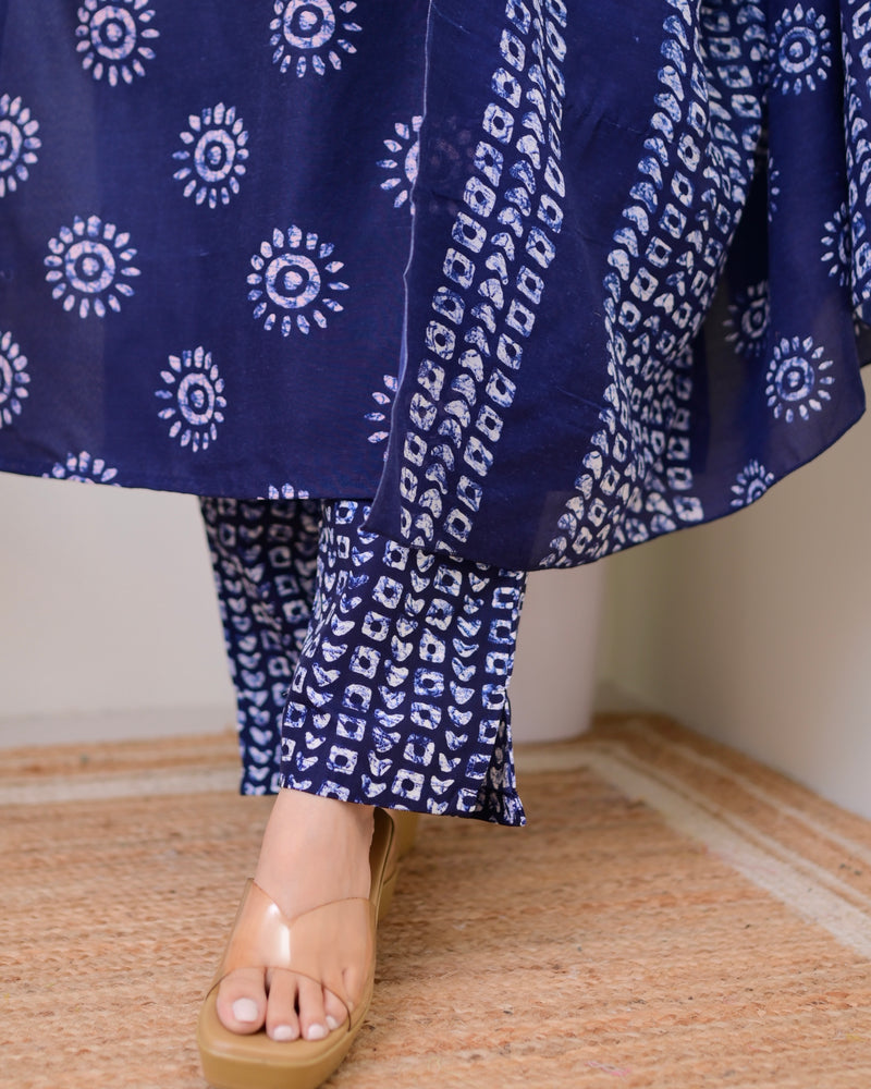 Navy Blue Floral Cotton Suit