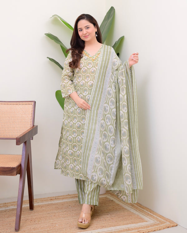 Pista Green Floral Cotton Suit