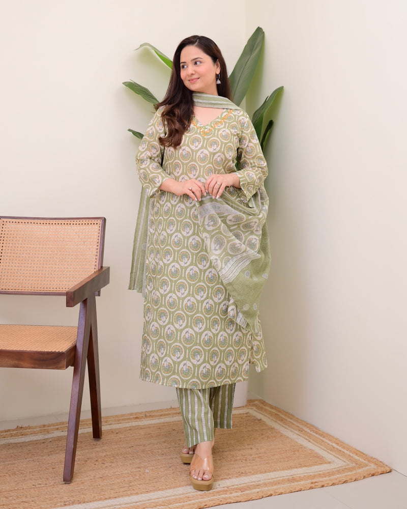Pista Green Floral Cotton Suit